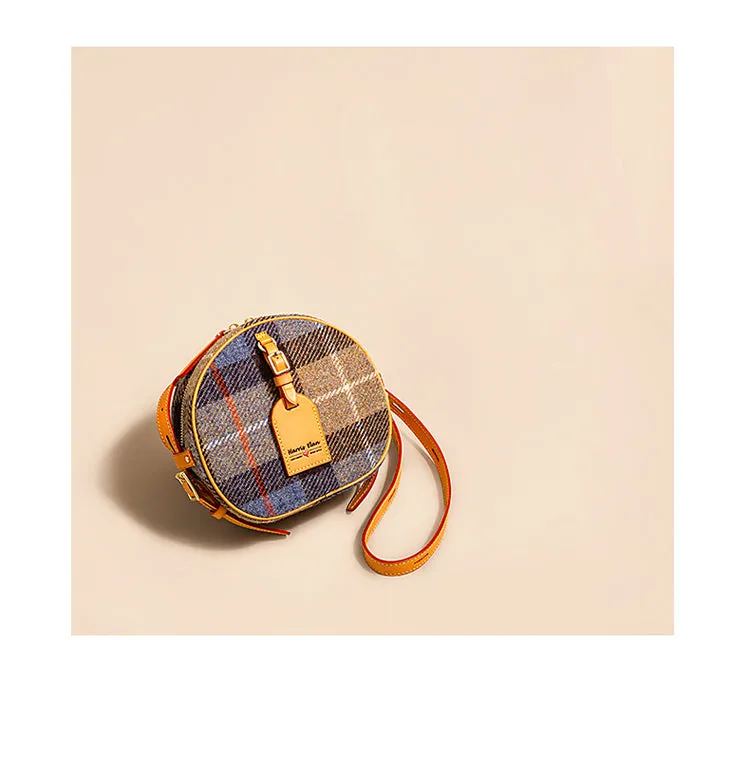 Cute Womens Small Yellow Leather Tweed Round Crossbody Purse Handmade Round Shoulder Bag for Women