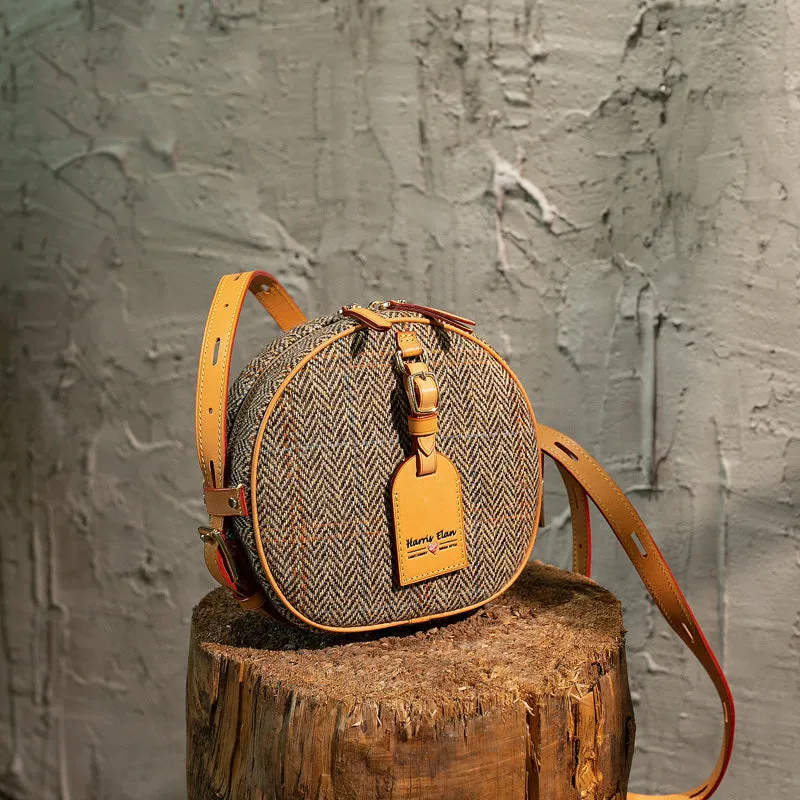 Cute Womens Small Yellow Leather Tweed Round Crossbody Purse Handmade Round Shoulder Bag for Women