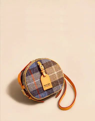 Cute Womens Small Yellow Leather Tweed Round Crossbody Purse Handmade Round Shoulder Bag for Women