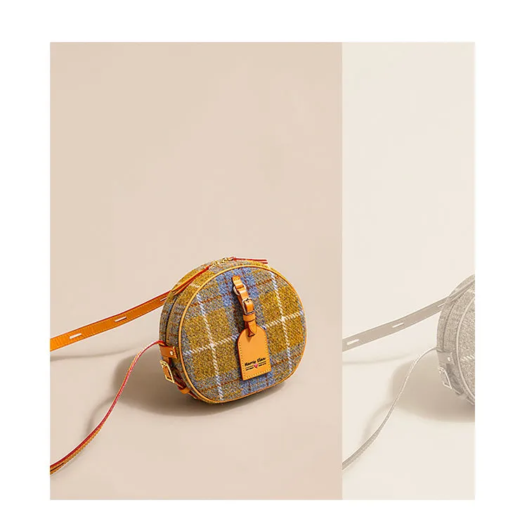 Cute Womens Small Yellow Leather Tweed Round Crossbody Purse Handmade Round Shoulder Bag for Women