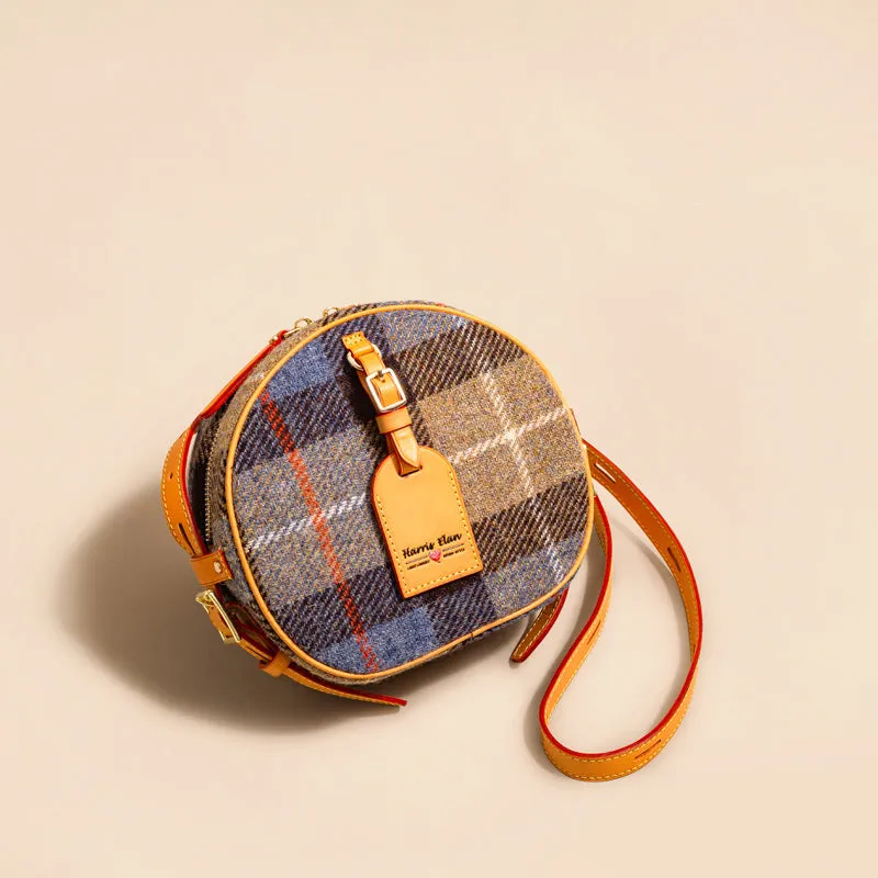 Cute Womens Small Yellow Leather Tweed Round Crossbody Purse Handmade Round Shoulder Bag for Women