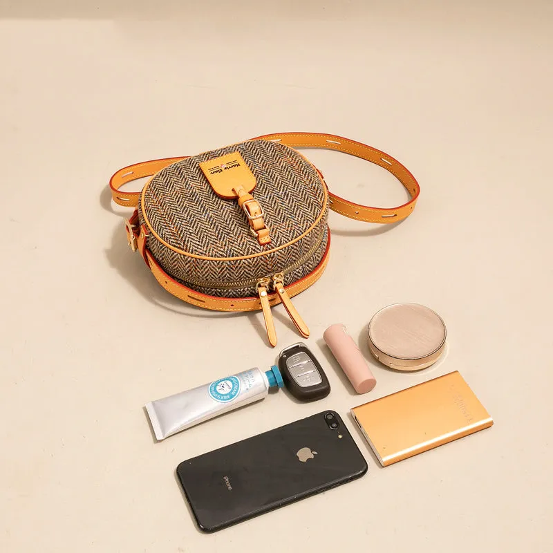 Cute Womens Small Yellow Leather Tweed Round Crossbody Purse Handmade Round Shoulder Bag for Women