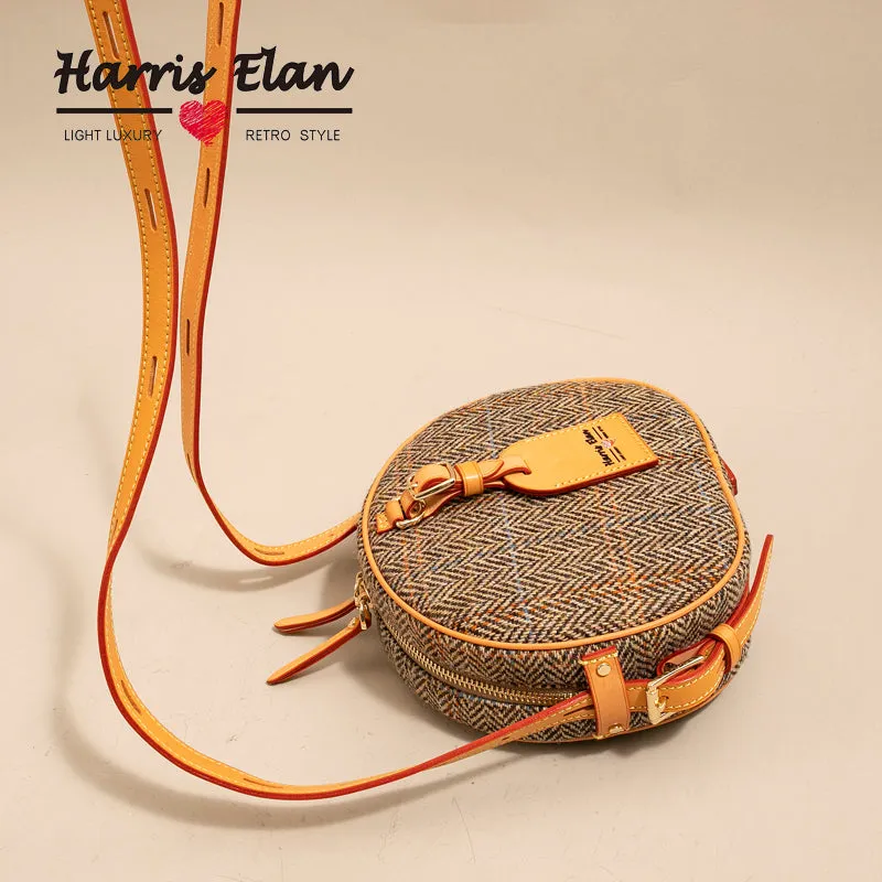 Cute Womens Small Yellow Leather Tweed Round Crossbody Purse Handmade Round Shoulder Bag for Women
