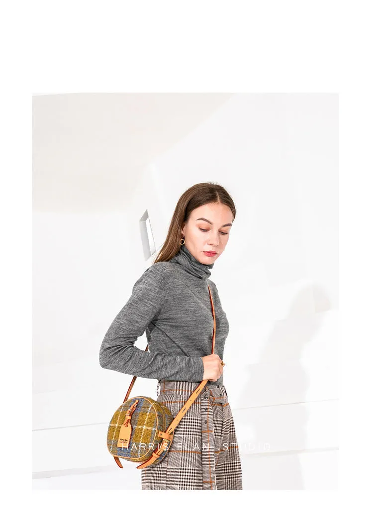 Cute Womens Small Yellow Leather Tweed Round Crossbody Purse Handmade Round Shoulder Bag for Women