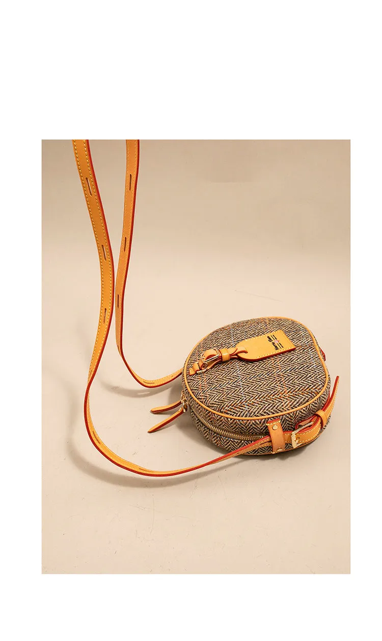 Cute Womens Small Yellow Leather Tweed Round Crossbody Purse Handmade Round Shoulder Bag for Women