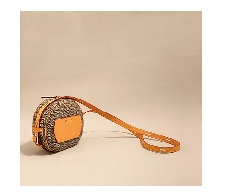 Cute Womens Small Yellow Leather Tweed Round Crossbody Purse Handmade Round Shoulder Bag for Women