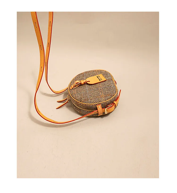 Cute Womens Small Yellow Leather Tweed Round Crossbody Purse Handmade Round Shoulder Bag for Women