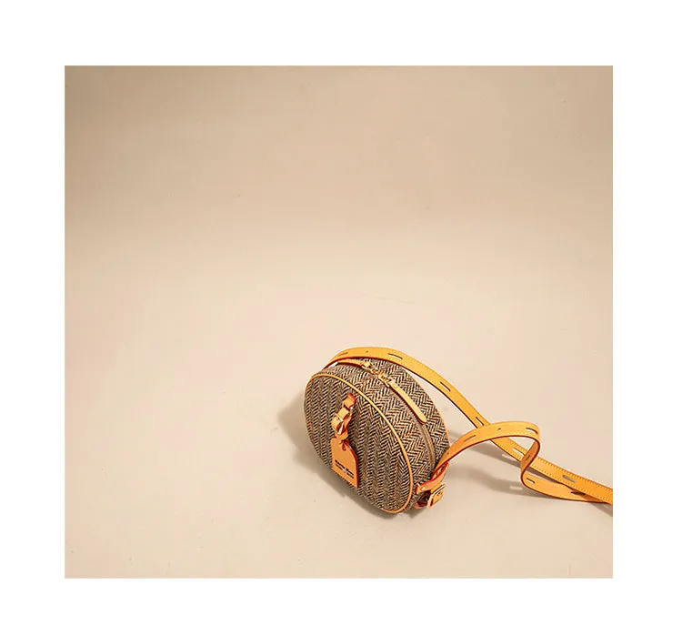 Cute Womens Small Yellow Leather Tweed Round Crossbody Purse Handmade Round Shoulder Bag for Women