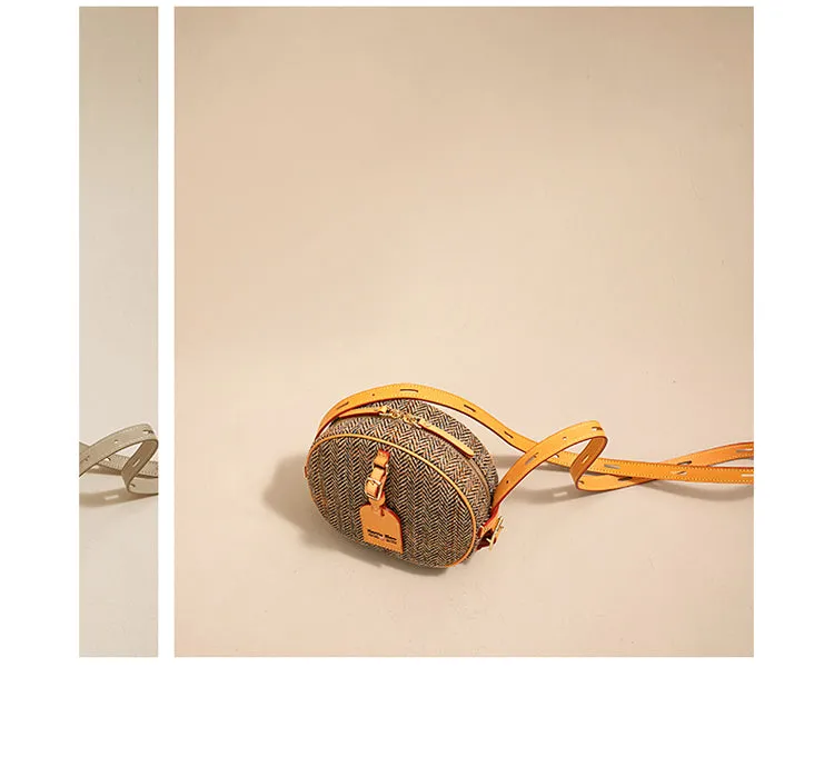 Cute Womens Small Yellow Leather Tweed Round Crossbody Purse Handmade Round Shoulder Bag for Women