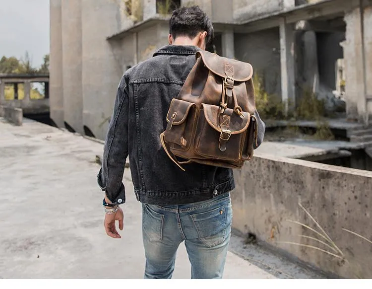 Dark Brown Cool Mens 13 inches Leather Backpacks Travel Backpacks Brown Laptop Backpack for men