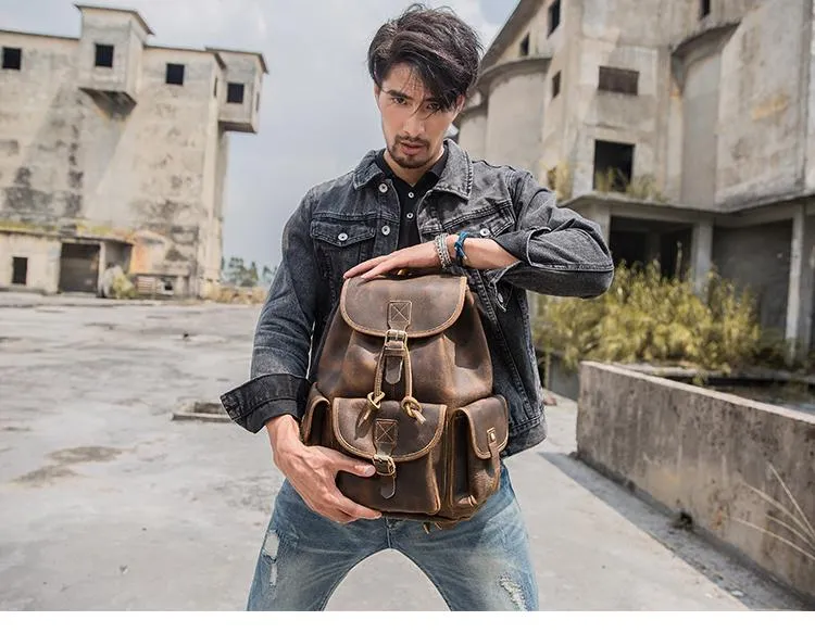 Dark Brown Cool Mens 13 inches Leather Backpacks Travel Backpacks Brown Laptop Backpack for men
