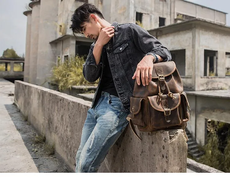 Dark Brown Cool Mens 13 inches Leather Backpacks Travel Backpacks Brown Laptop Backpack for men