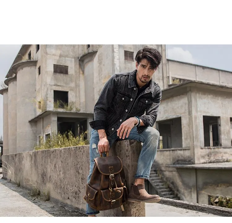 Dark Brown Cool Mens 13 inches Leather Backpacks Travel Backpacks Brown Laptop Backpack for men