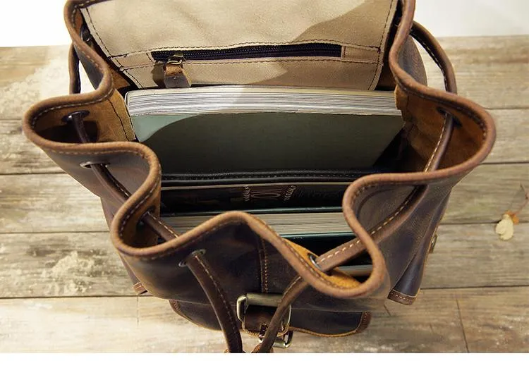 Dark Brown Cool Mens 13 inches Leather Backpacks Travel Backpacks Brown Laptop Backpack for men