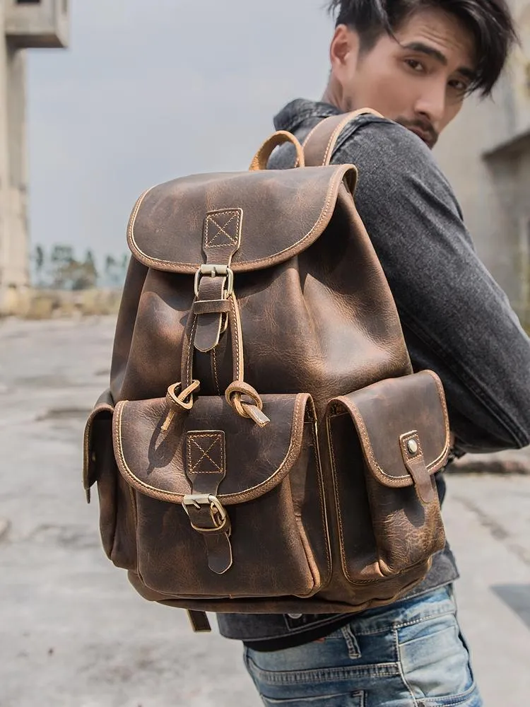 Dark Brown Cool Mens 13 inches Leather Backpacks Travel Backpacks Brown Laptop Backpack for men