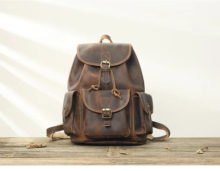 Dark Brown Cool Mens 13 inches Leather Backpacks Travel Backpacks Brown Laptop Backpack for men