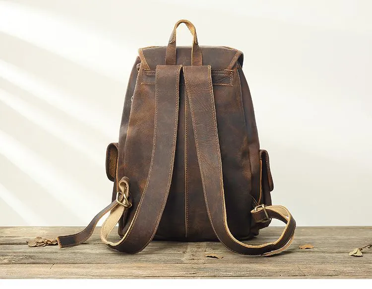 Dark Brown Cool Mens 13 inches Leather Backpacks Travel Backpacks Brown Laptop Backpack for men