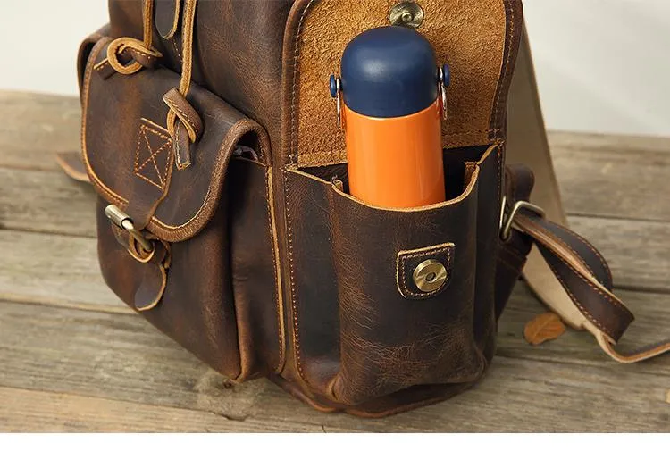 Dark Brown Cool Mens 13 inches Leather Backpacks Travel Backpacks Brown Laptop Backpack for men
