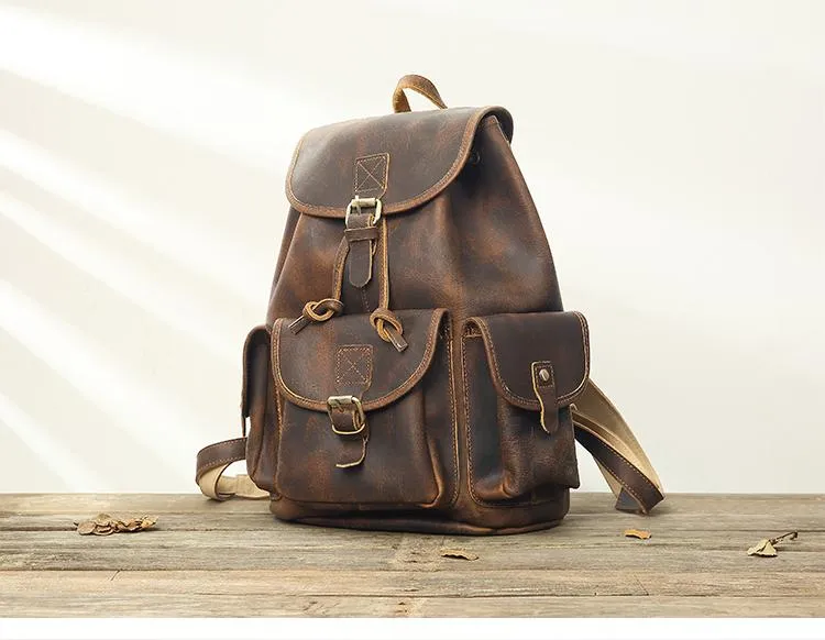 Dark Brown Cool Mens 13 inches Leather Backpacks Travel Backpacks Brown Laptop Backpack for men