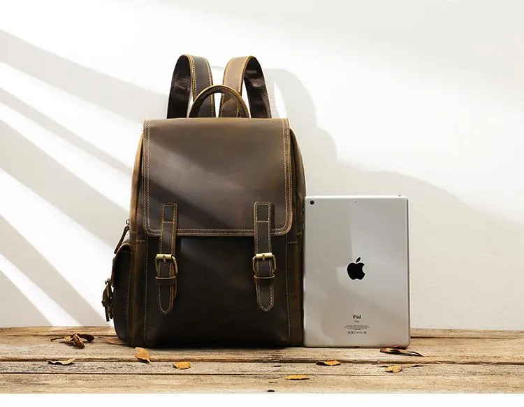 Dark Brown Cool Mens 15 inches Leather Computer Backpacks Travel Backpacks Laptop Backpack for men