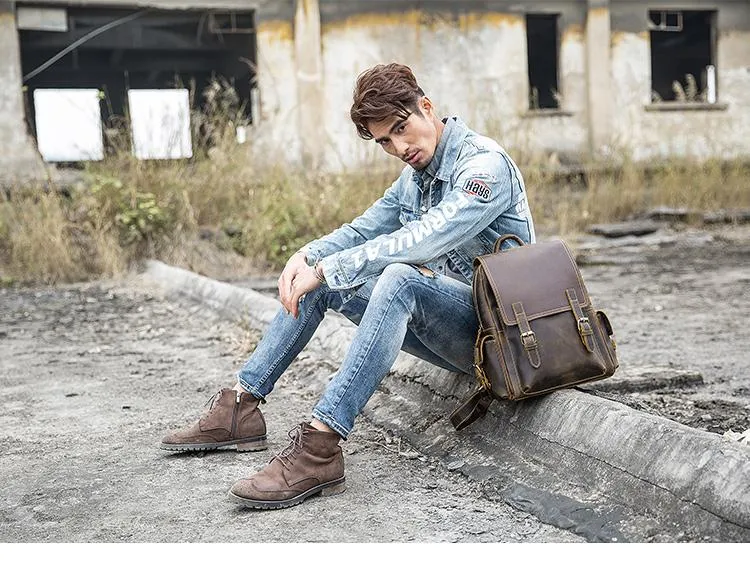 Dark Brown Cool Mens 15 inches Leather Computer Backpacks Travel Backpacks Laptop Backpack for men