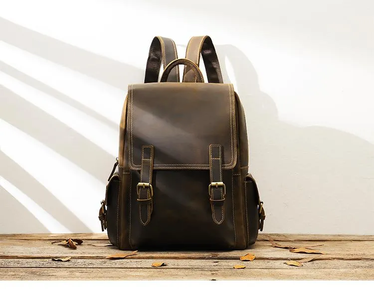 Dark Brown Cool Mens 15 inches Leather Computer Backpacks Travel Backpacks Laptop Backpack for men