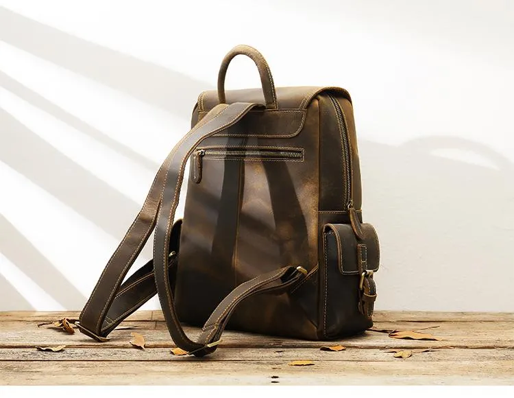 Dark Brown Cool Mens 15 inches Leather Computer Backpacks Travel Backpacks Laptop Backpack for men