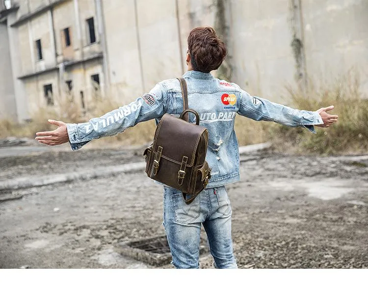 Dark Brown Cool Mens 15 inches Leather Computer Backpacks Travel Backpacks Laptop Backpack for men