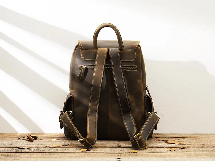 Dark Brown Cool Mens 15 inches Leather Computer Backpacks Travel Backpacks Laptop Backpack for men
