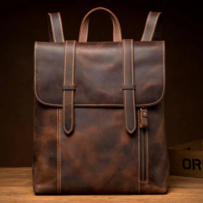 Dark Brown Fashion Mens Leather 13-inch Computer Backpack Brown Travel Backpacks School Backpacks for men