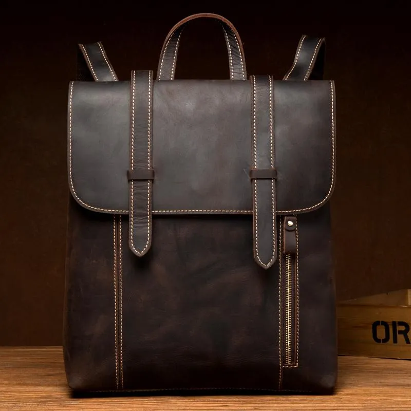 Dark Brown Fashion Mens Leather 13-inch Computer Backpack Brown Travel Backpacks School Backpacks for men