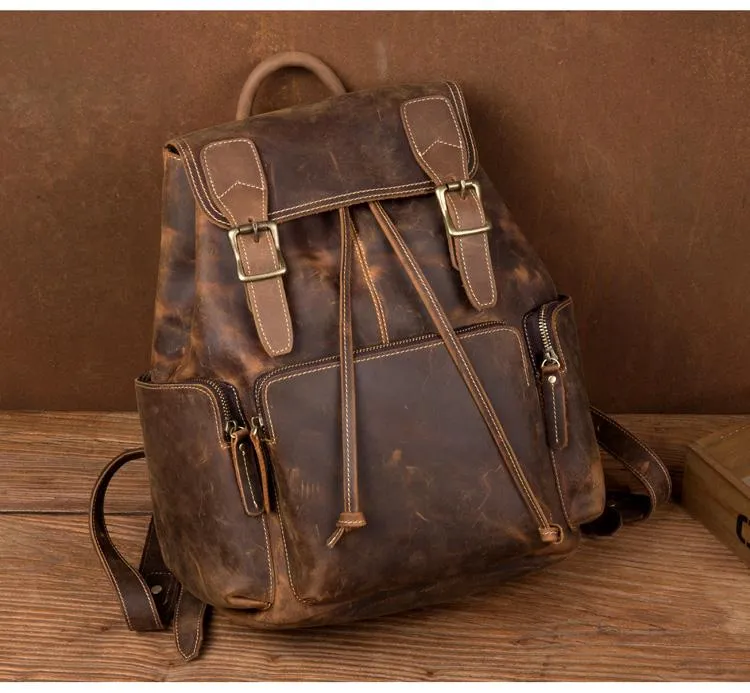 Dark Brown Mens Leather 13 inches Laptop Computer Backpacks Cool Travel Backpacks School Backpacks for men