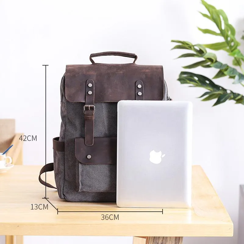 Dark Gray Waxed Canvas Mens Large 15'' Laptop Backpack College Backpack Hiking Backpack for Men
