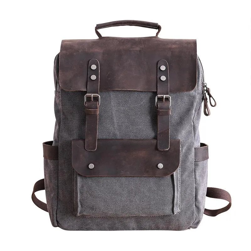 Dark Gray Waxed Canvas Mens Large 15'' Laptop Backpack College Backpack Hiking Backpack for Men