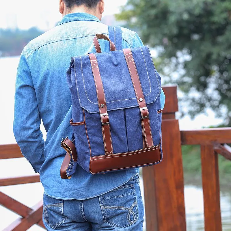 Denim Blue Waxed Canvas Mens Large 14'' Laptop Backpack College Backpack Hiking Backpack for Men