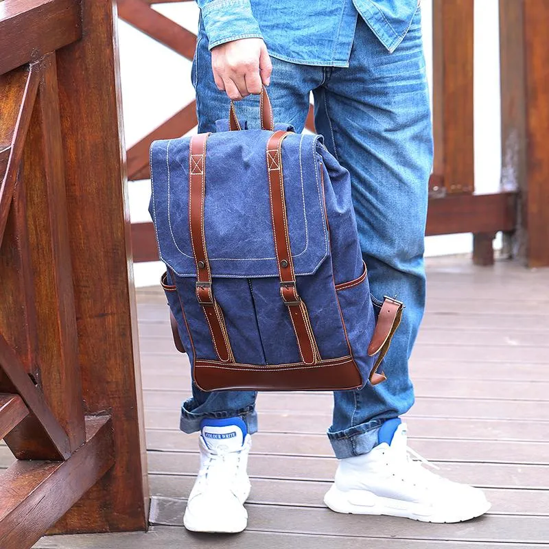 Denim Blue Waxed Canvas Mens Large 14'' Laptop Backpack College Backpack Hiking Backpack for Men