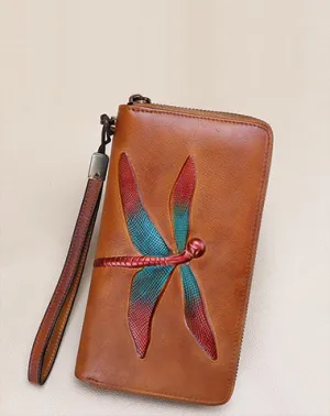 Dragonfly Brown Leather Wristlet Wallets Womens Zip Around Wallet Ladies Zipper Clutch Wallets for Women