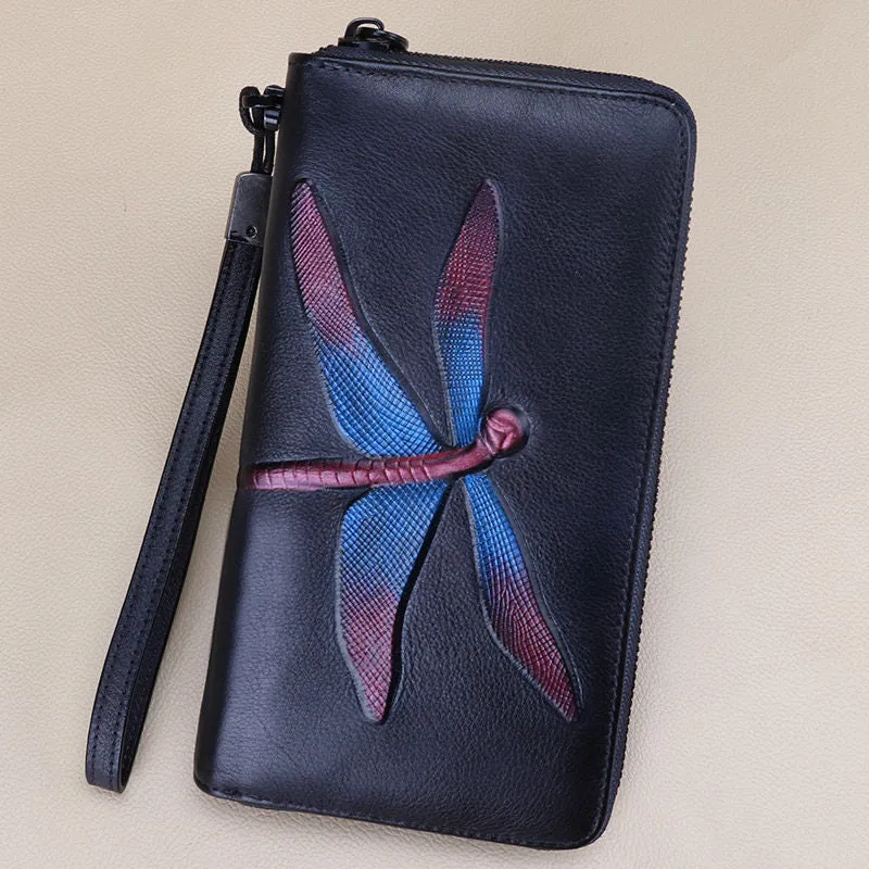 Dragonfly Green Leather Wristlet Wallets Womens Zip Around Wallet Ladies Zipper Clutch Wallets for Women