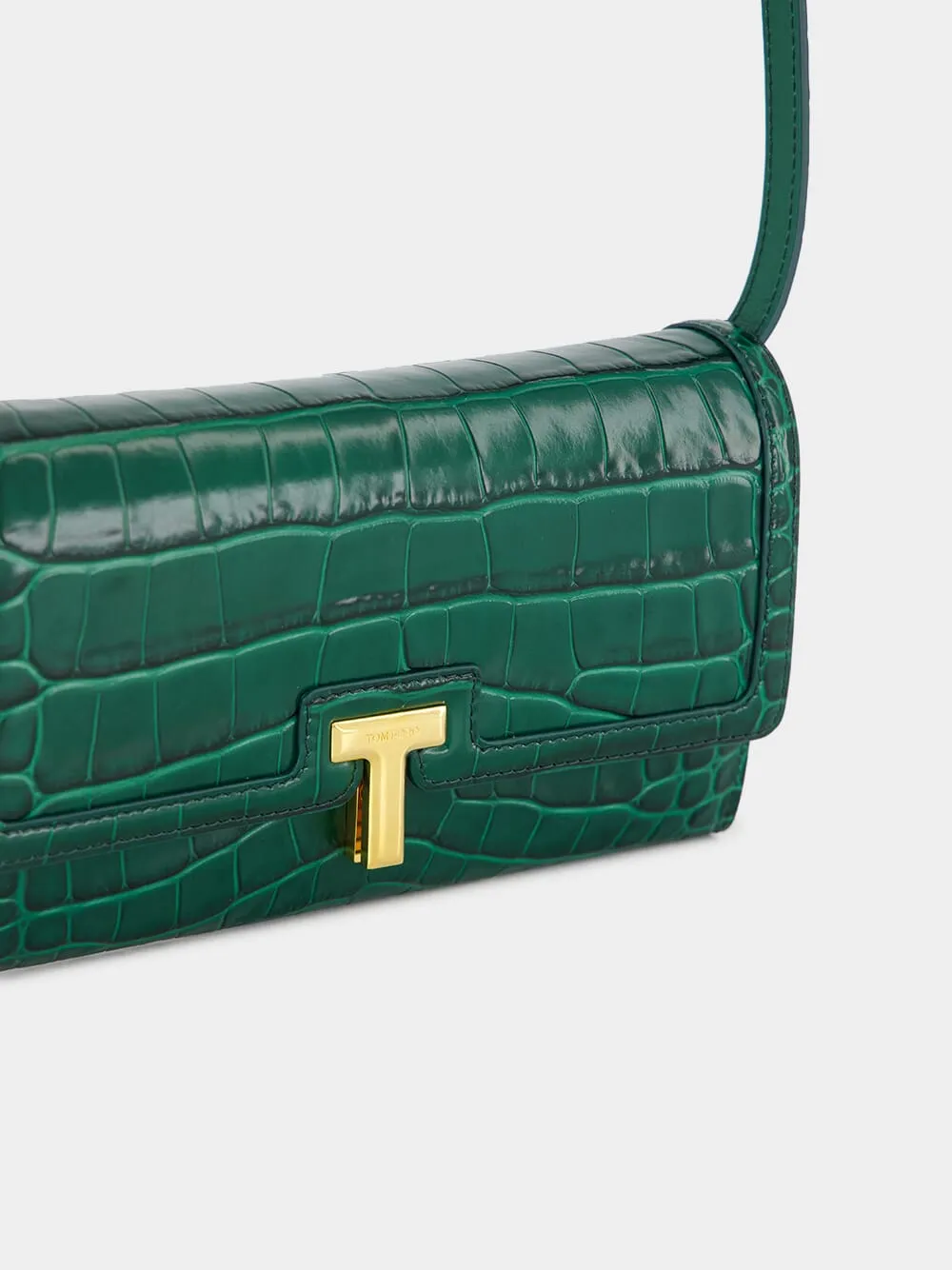 Emerald Green Crocodile-Stamped Leather Wallet on Strap