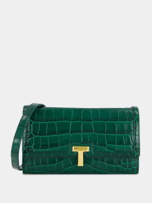 Emerald Green Crocodile-Stamped Leather Wallet on Strap