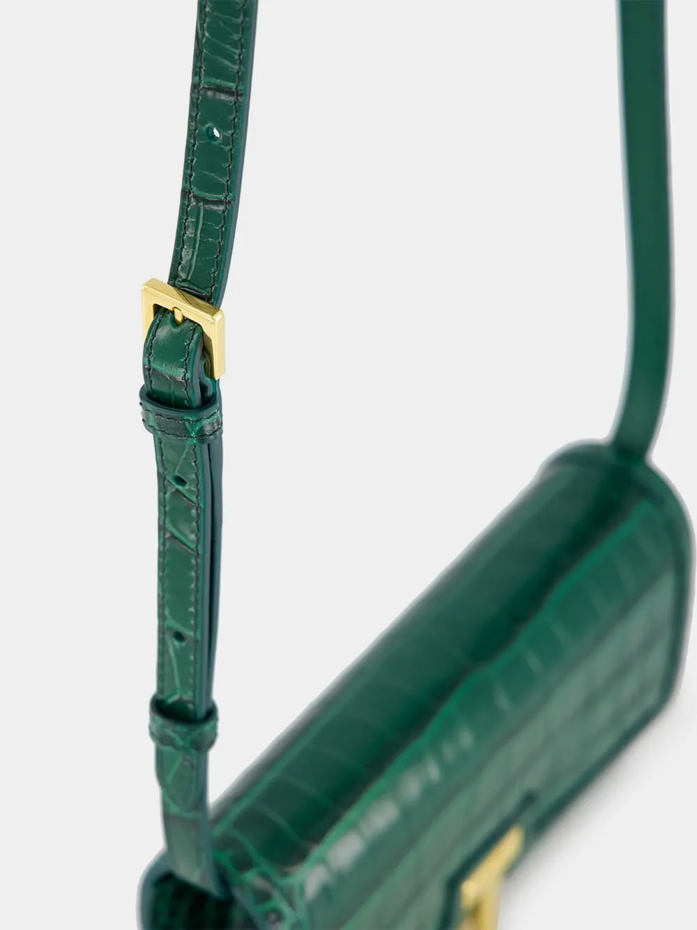 Emerald Green Crocodile-Stamped Leather Wallet on Strap