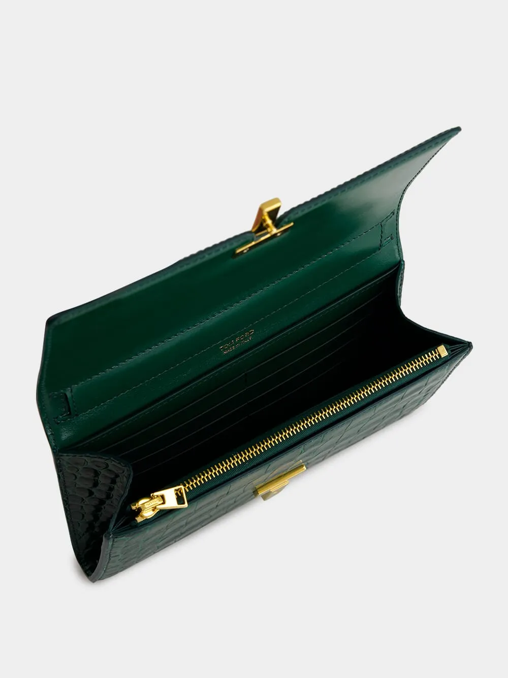 Emerald Green Crocodile-Stamped Leather Wallet on Strap