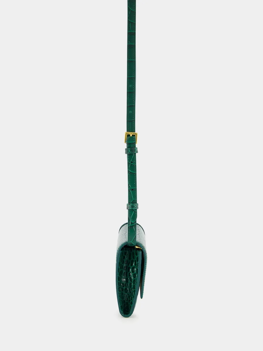 Emerald Green Crocodile-Stamped Leather Wallet on Strap
