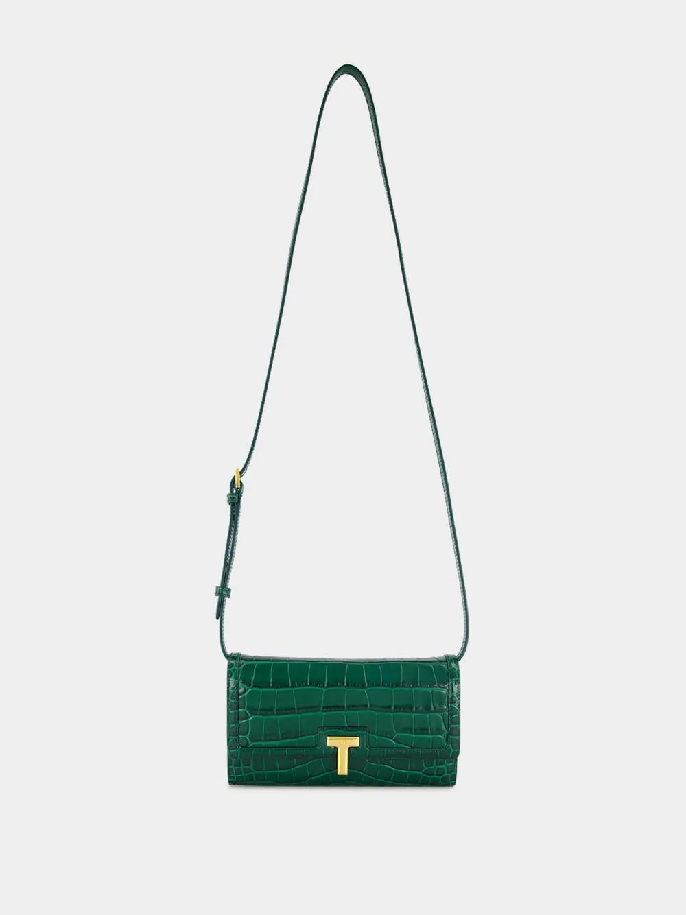 Emerald Green Crocodile-Stamped Leather Wallet on Strap