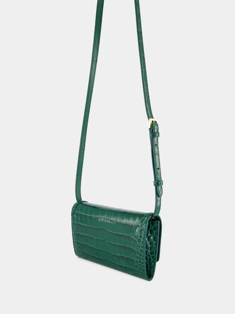 Emerald Green Crocodile-Stamped Leather Wallet on Strap