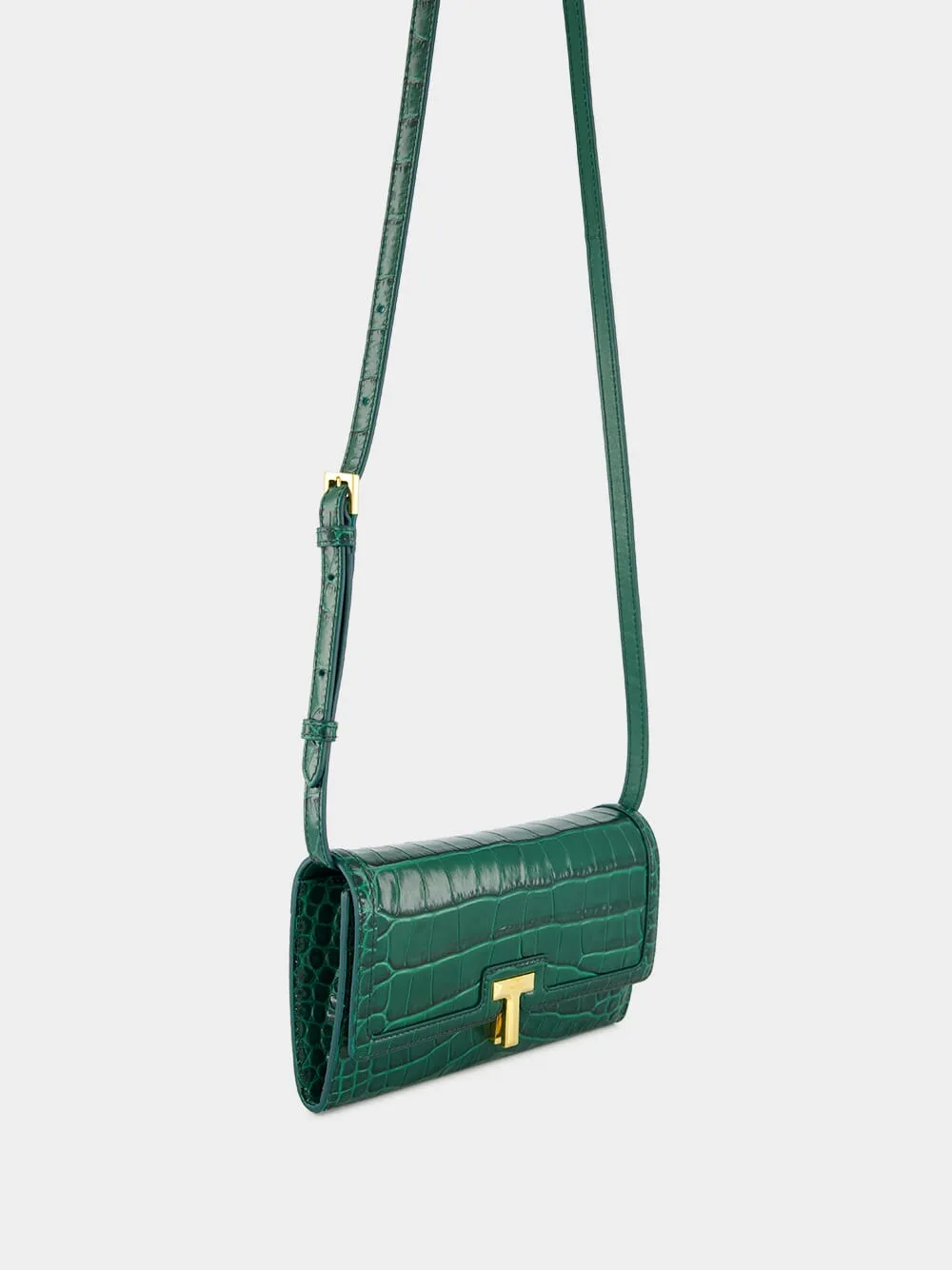 Emerald Green Crocodile-Stamped Leather Wallet on Strap