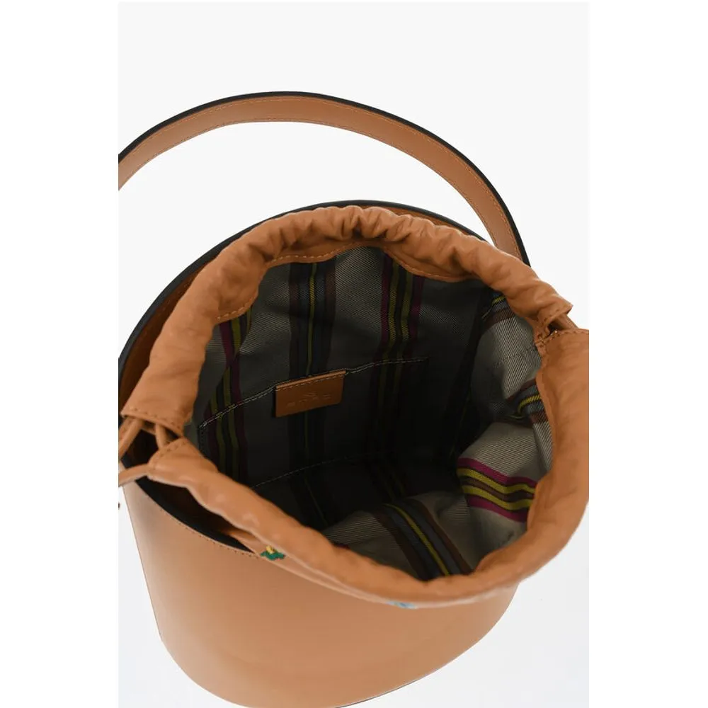 Etro Leather Bucket Bag with Embroidery Flowers