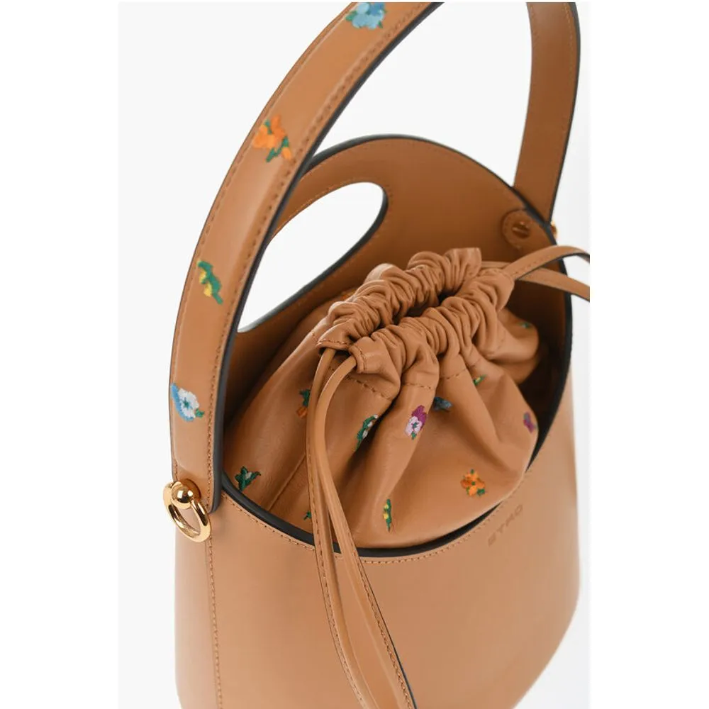 Etro Leather Bucket Bag with Embroidery Flowers