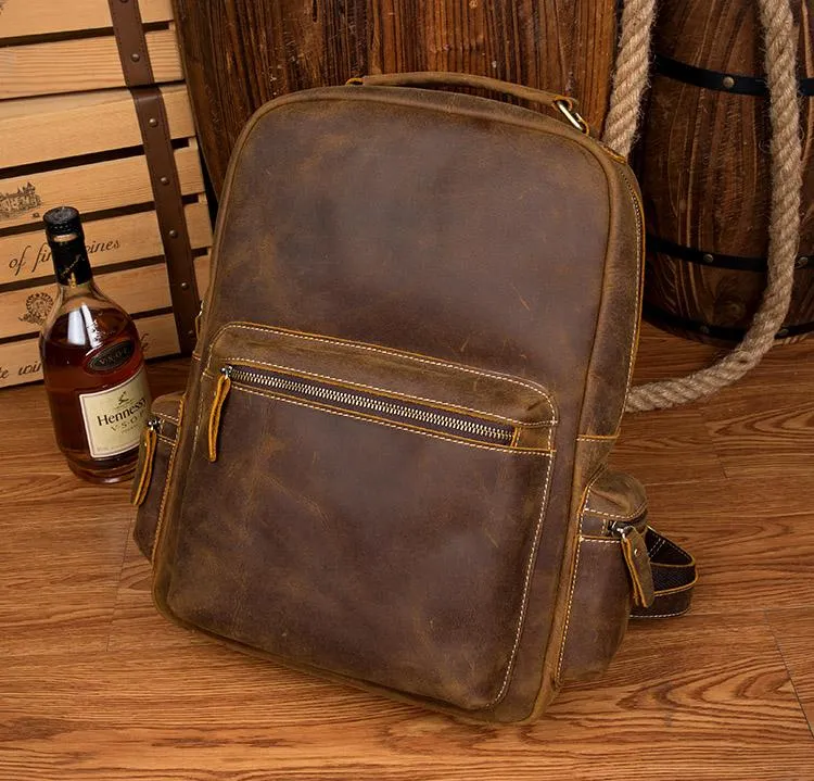 Fashion Brown Mens Leather 15-inch Computer Laptop Backpack Brown Travel Backpack School Backpacks for men
