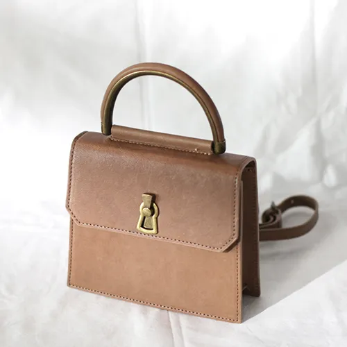 Fashion Brown Women's Small Handle Leather Satchel Handbag Purse Gray Square Shoulder Bag Crossbody Purse